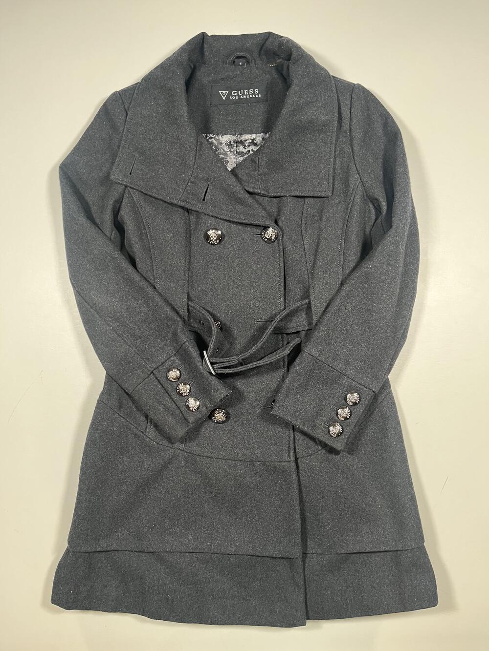 Guess Coat Womens Medium Gray Wool Trench Belted Button Winter Ruffle Hem Lined